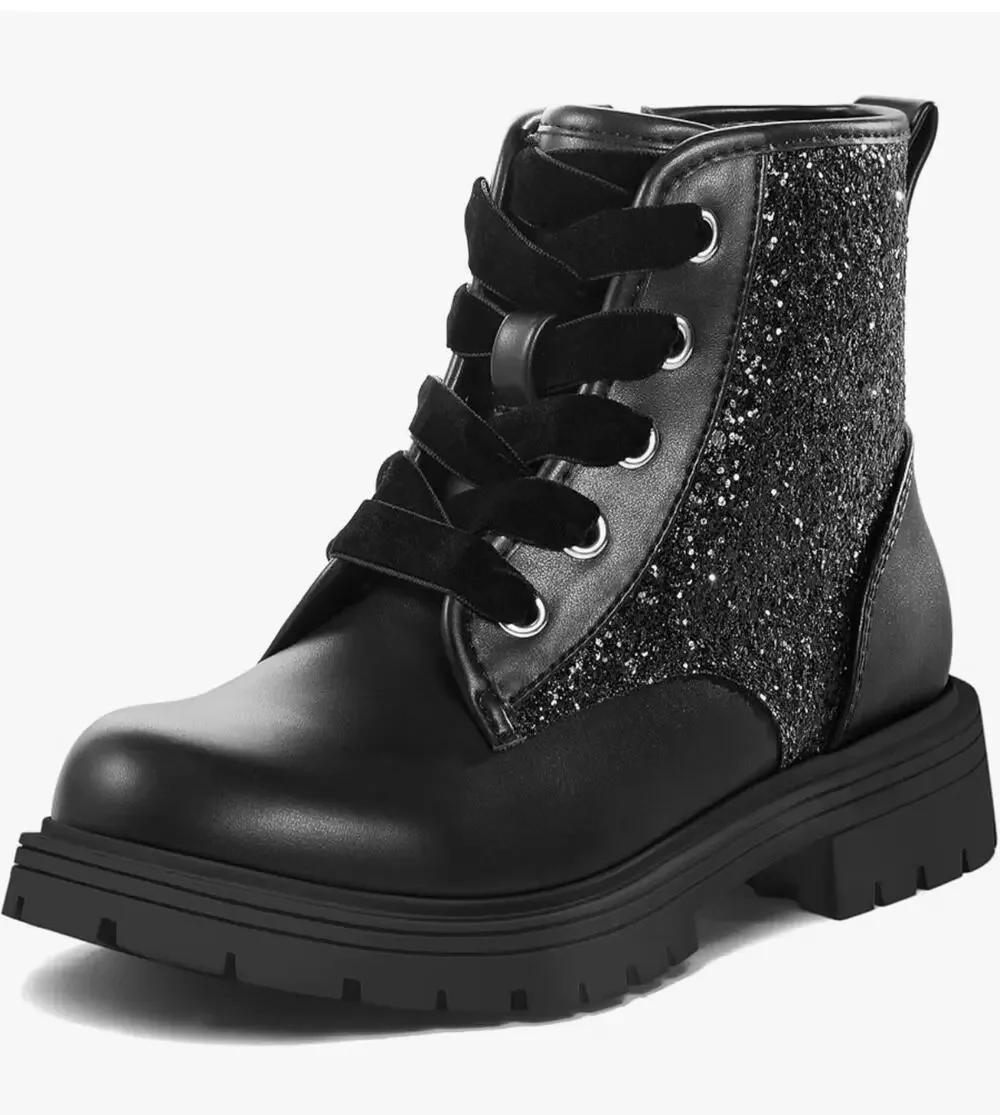 K KomForme Girls Glitter Combat Boots Velvet Lace Ankle Shoes Black Size 4